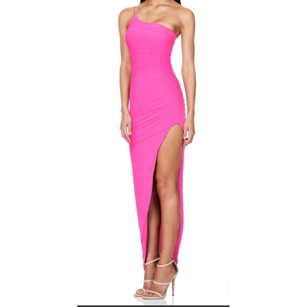 Nookie Aria One Shoulder Maxi Ruched Hot Pink Dress M
